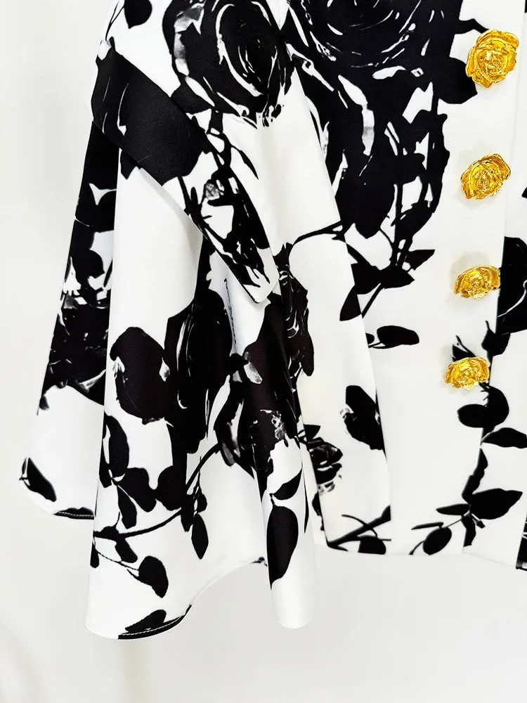 Runway Metal Rose Buttons Printed Floral Mini Skirt