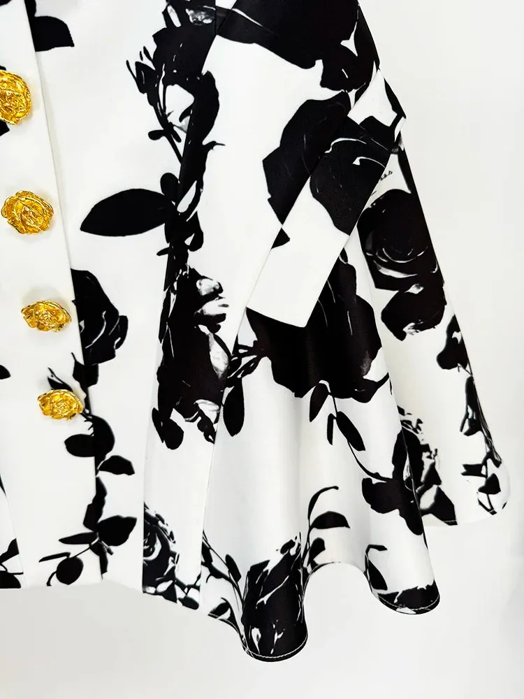Runway Metal Rose Buttons Printed Floral Mini Skirt