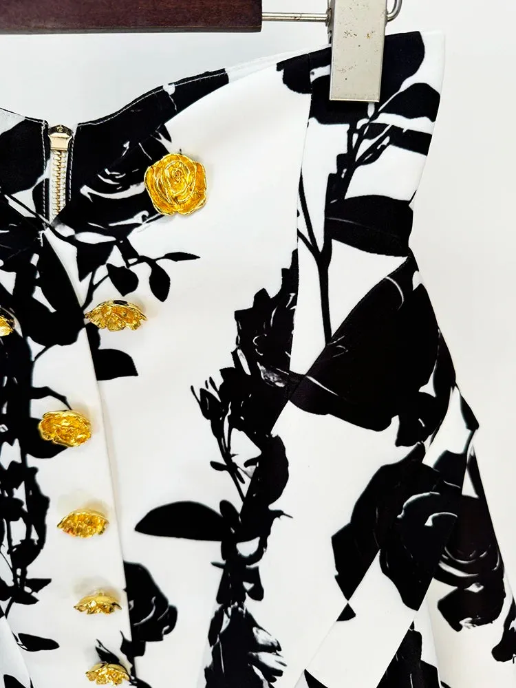 Runway Metal Rose Buttons Printed Floral Mini Skirt