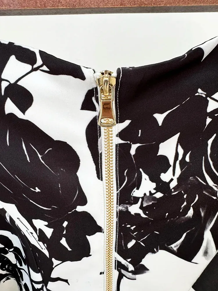 Runway Metal Rose Buttons Printed Floral Mini Skirt