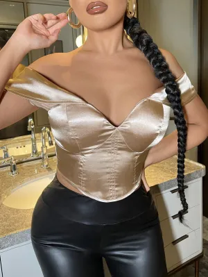 Sexy Plain Zipper Cap Sleeve Off The Shoulder Crop Women Top