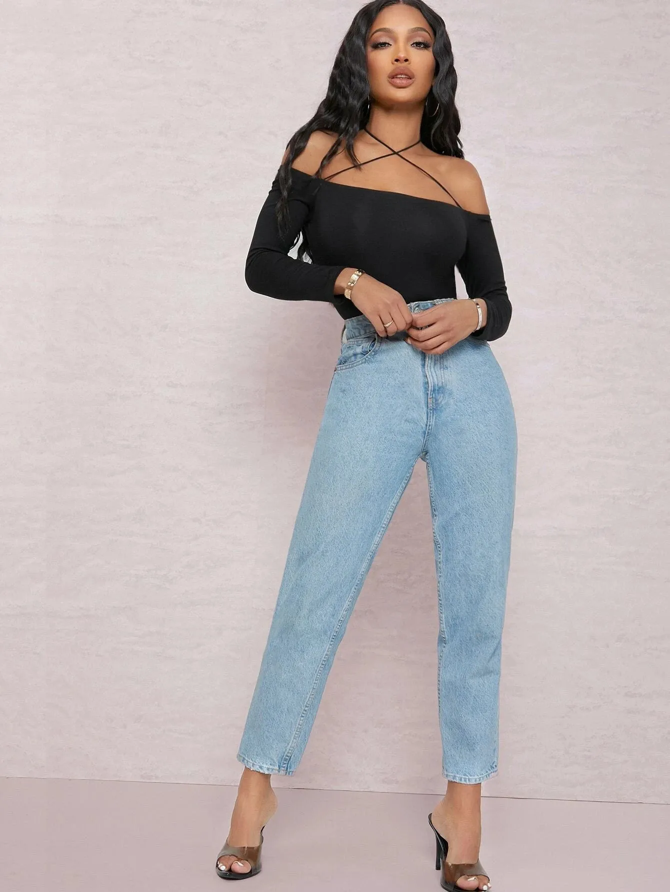 SHEIN BAE Off-the-Shoulder Strappy Self-Tie Choker Bodysuit