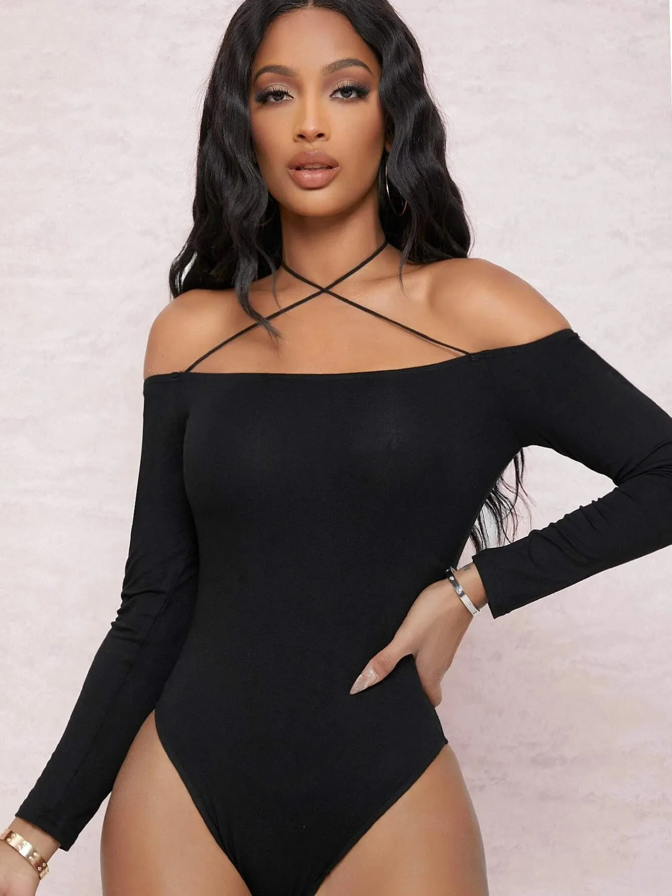 SHEIN BAE Off-the-Shoulder Strappy Self-Tie Choker Bodysuit
