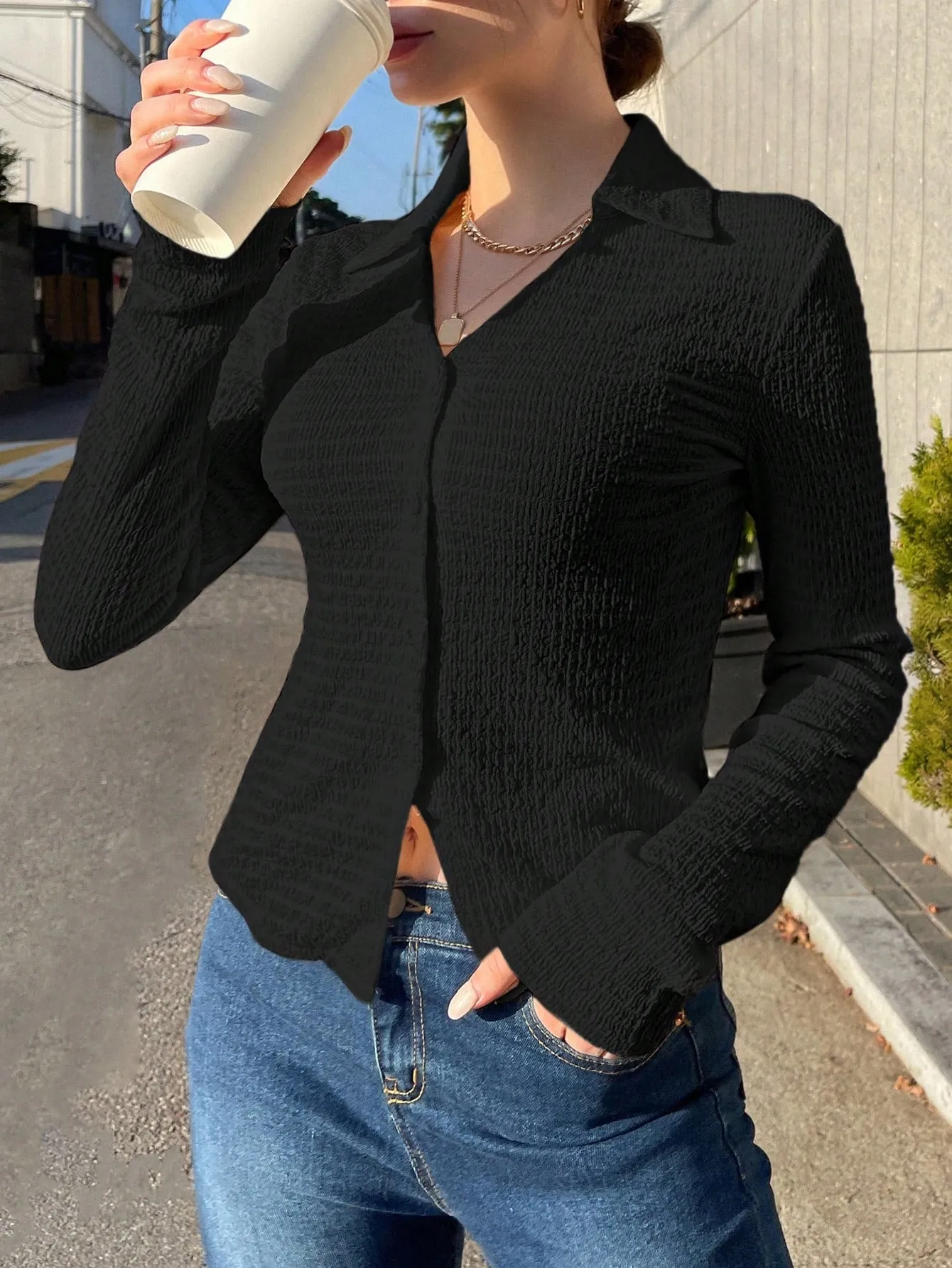 SHEIN DAZY Solid Button Front Shirt