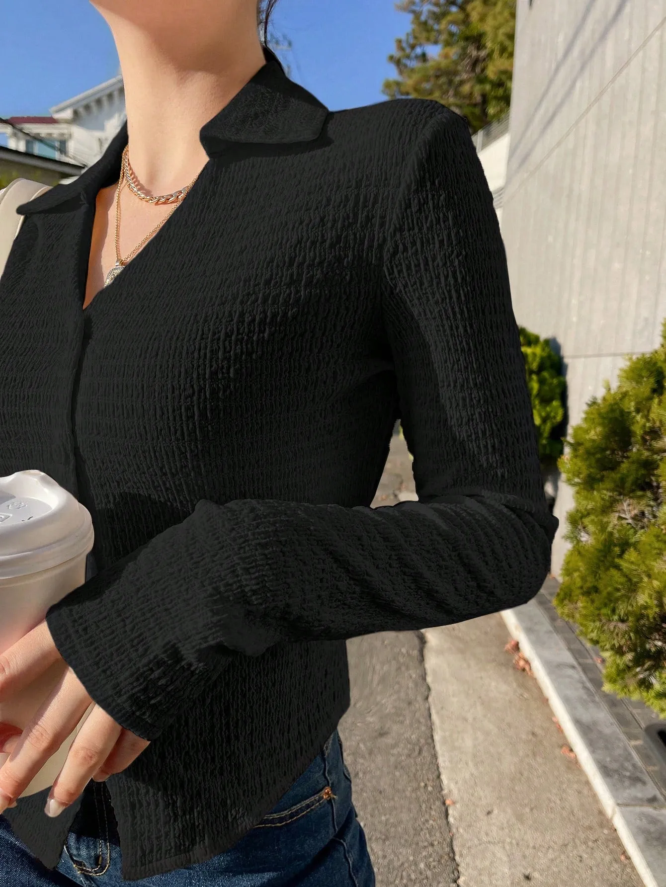 SHEIN DAZY Solid Button Front Shirt