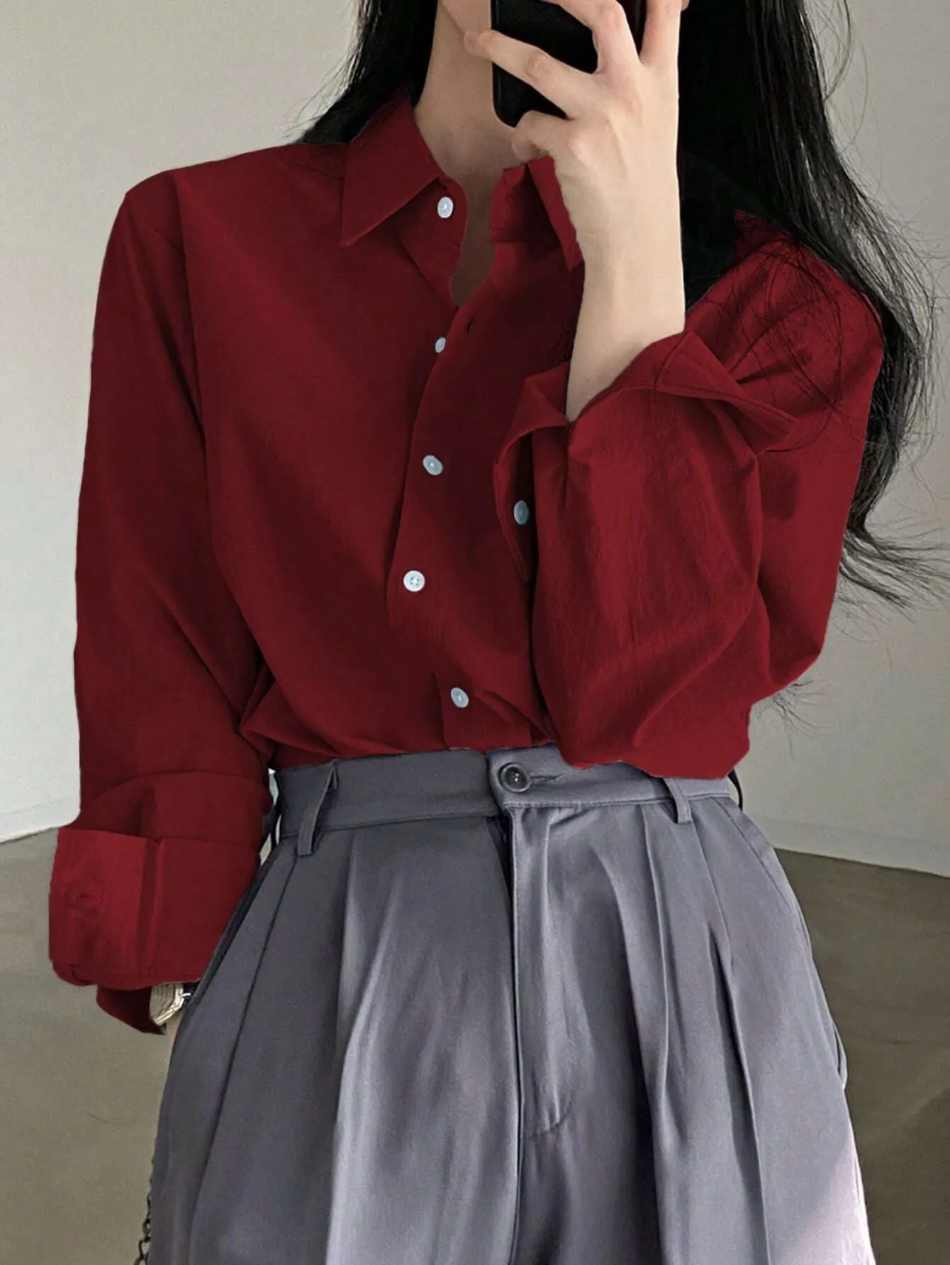 SHEIN DAZY Women's Spring Solid Color Long Sleeve Shirt