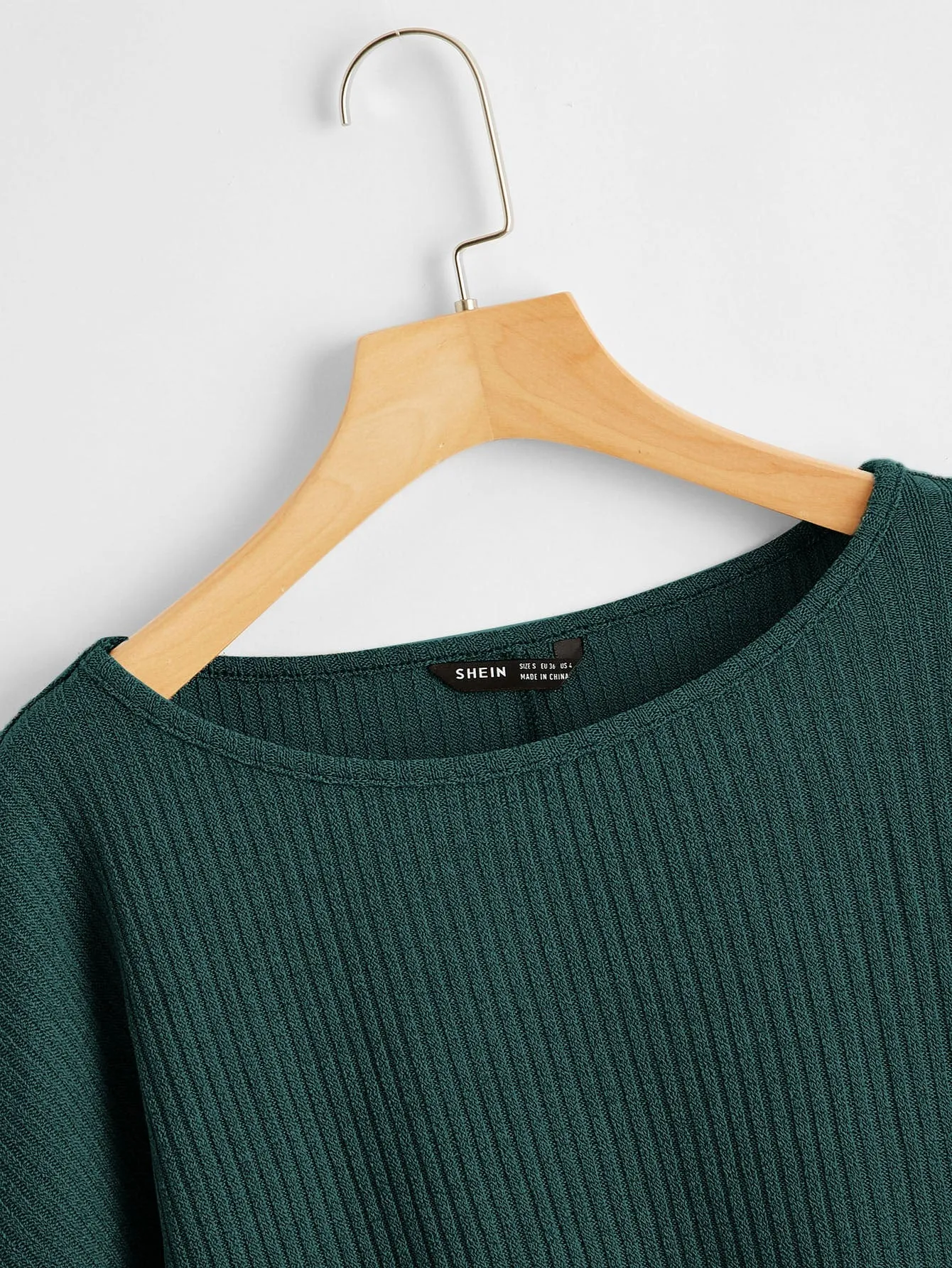 SHEIN Essnce Ribbed Long Sleeve Semi-Cropped Green T-Shirt