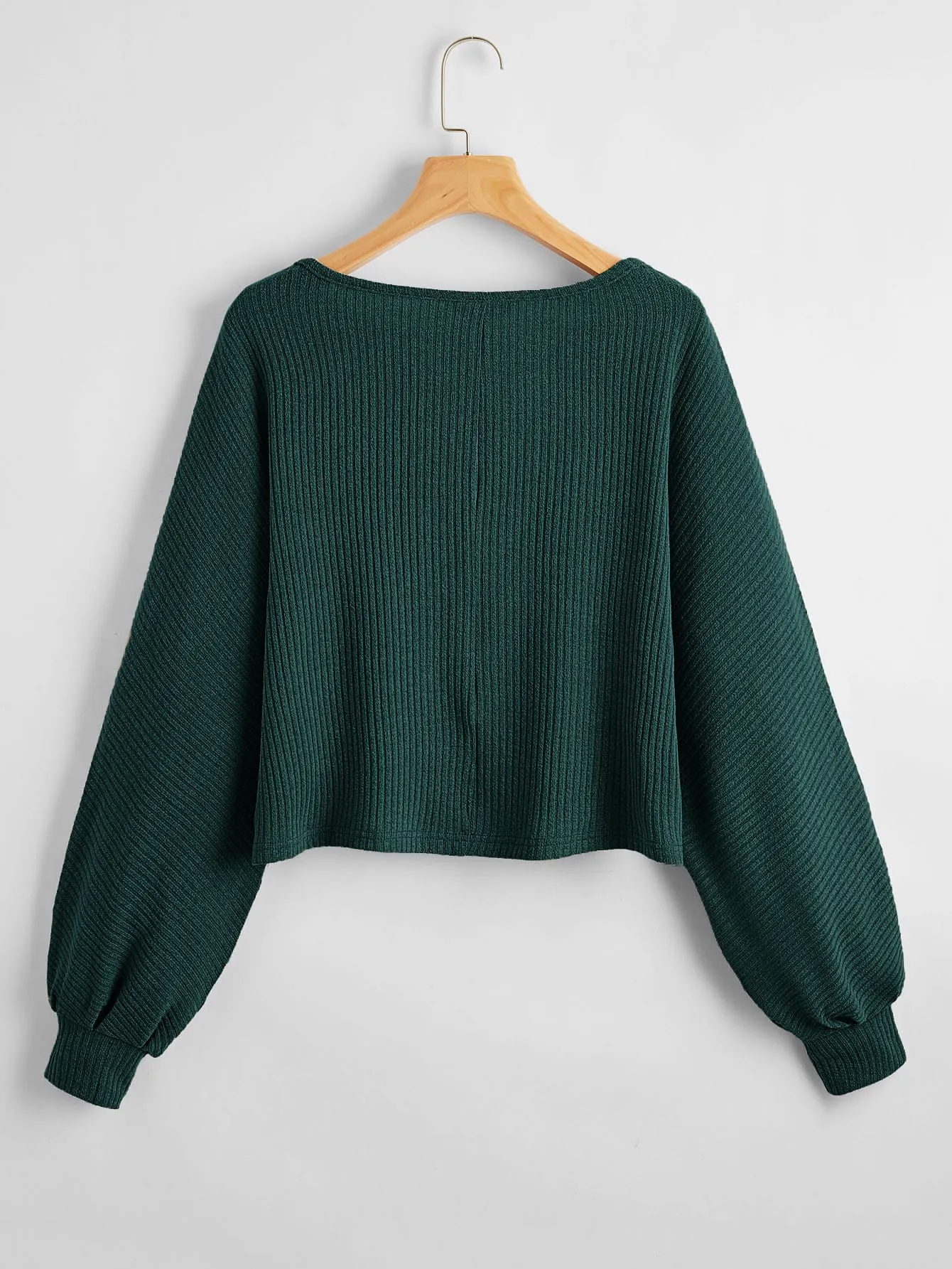 SHEIN Essnce Ribbed Long Sleeve Semi-Cropped Green T-Shirt
