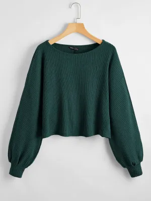 SHEIN Essnce Ribbed Long Sleeve Semi-Cropped Green T-Shirt