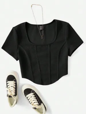 SHEIN EZwear Square Neck Seam Detail Bandana Hem Tee