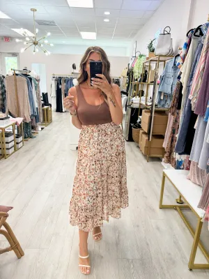 Smocked Waist Brown Floral Skirt