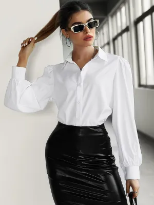 Solid Puff Sleeve Button Front Blouse