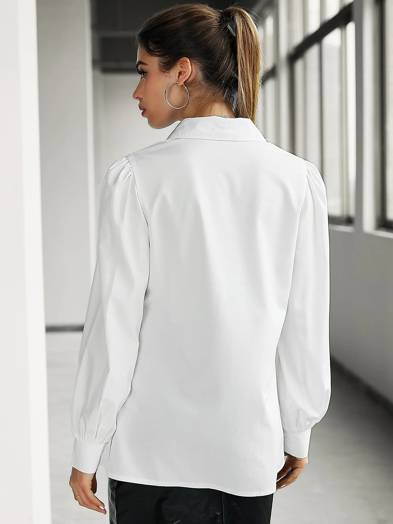 Solid Puff Sleeve Button Front Blouse