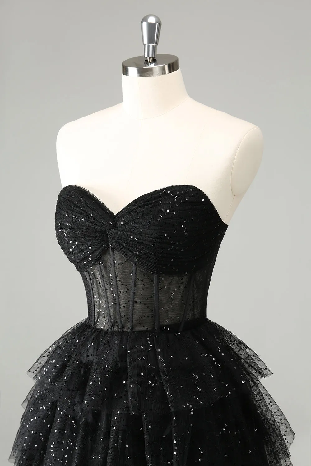 Sparkly A Line Black Sweetheart Tiered Corset Cute Mini Dress