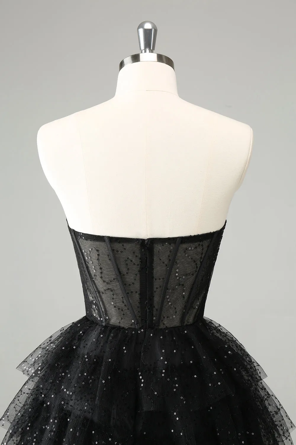 Sparkly A Line Black Sweetheart Tiered Corset Cute Mini Dress