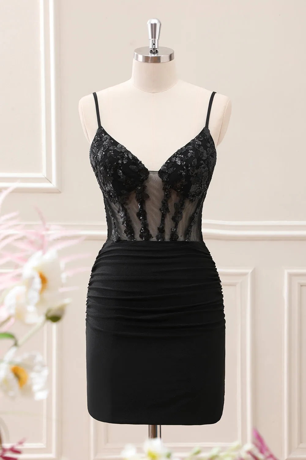 Sparkly Black Ruched Corset Homecoming Dress with Sequins