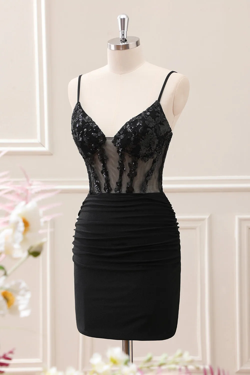 Sparkly Black Ruched Corset Homecoming Dress with Sequins