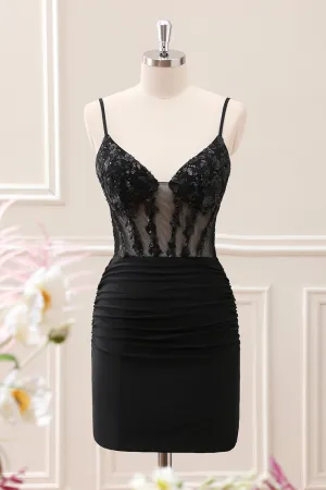 Sparkly Black Ruched Corset Homecoming Dress with Sequins