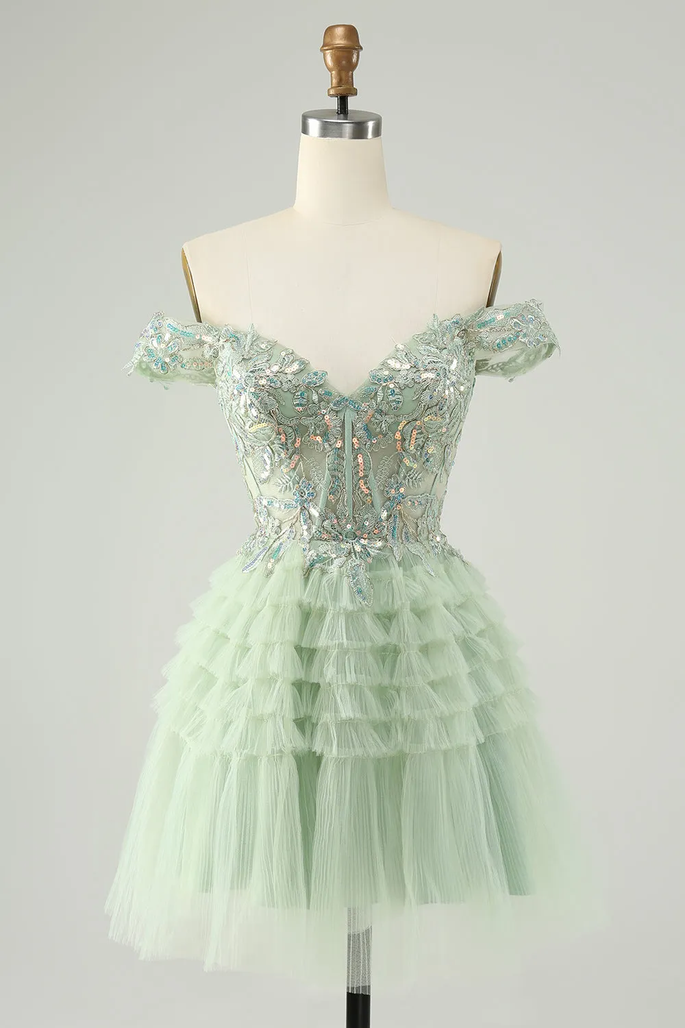 Sparkly Light Green A Line Off The Shoulder Corset Tulle Mini Dress