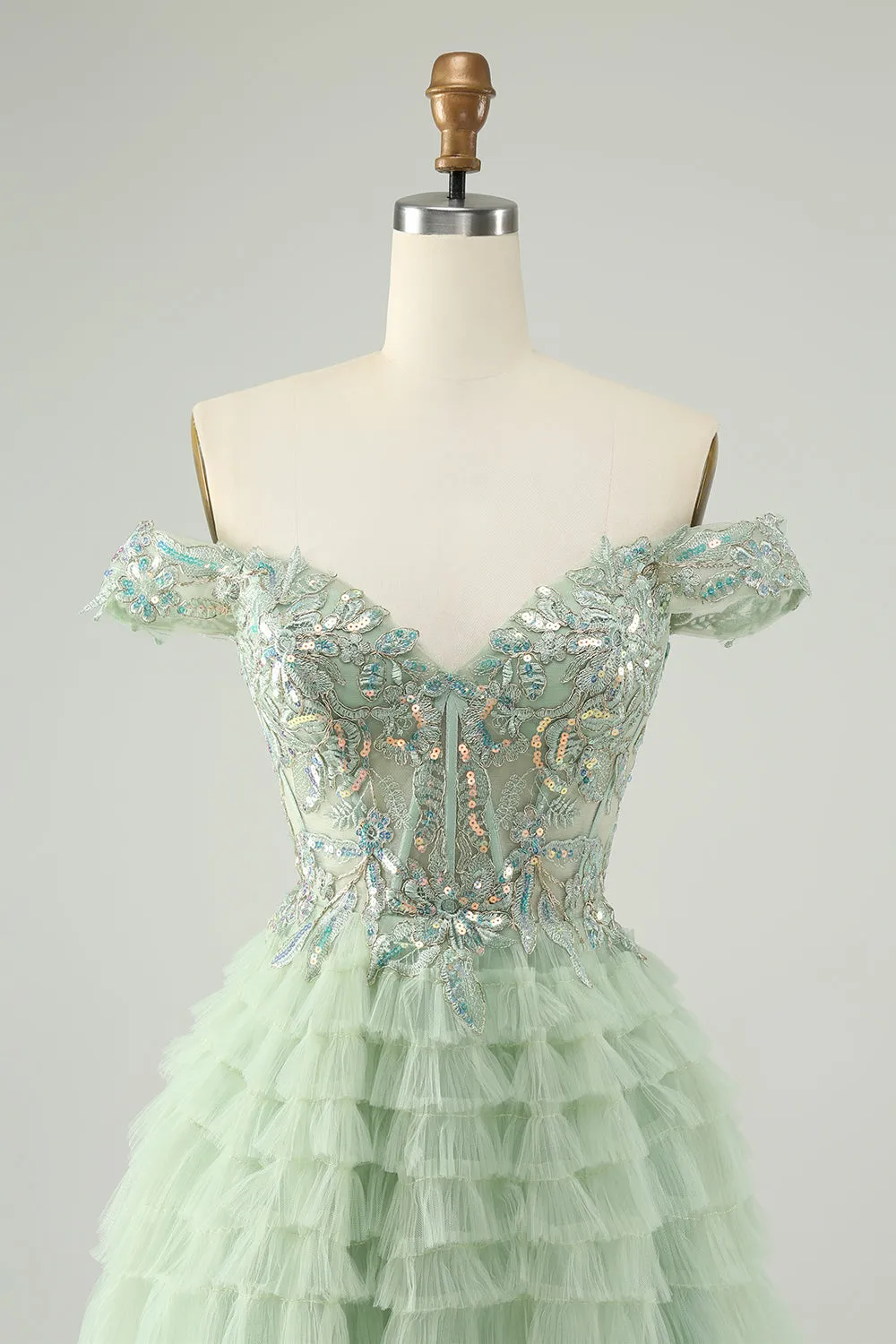 Sparkly Light Green A Line Off The Shoulder Corset Tulle Mini Dress