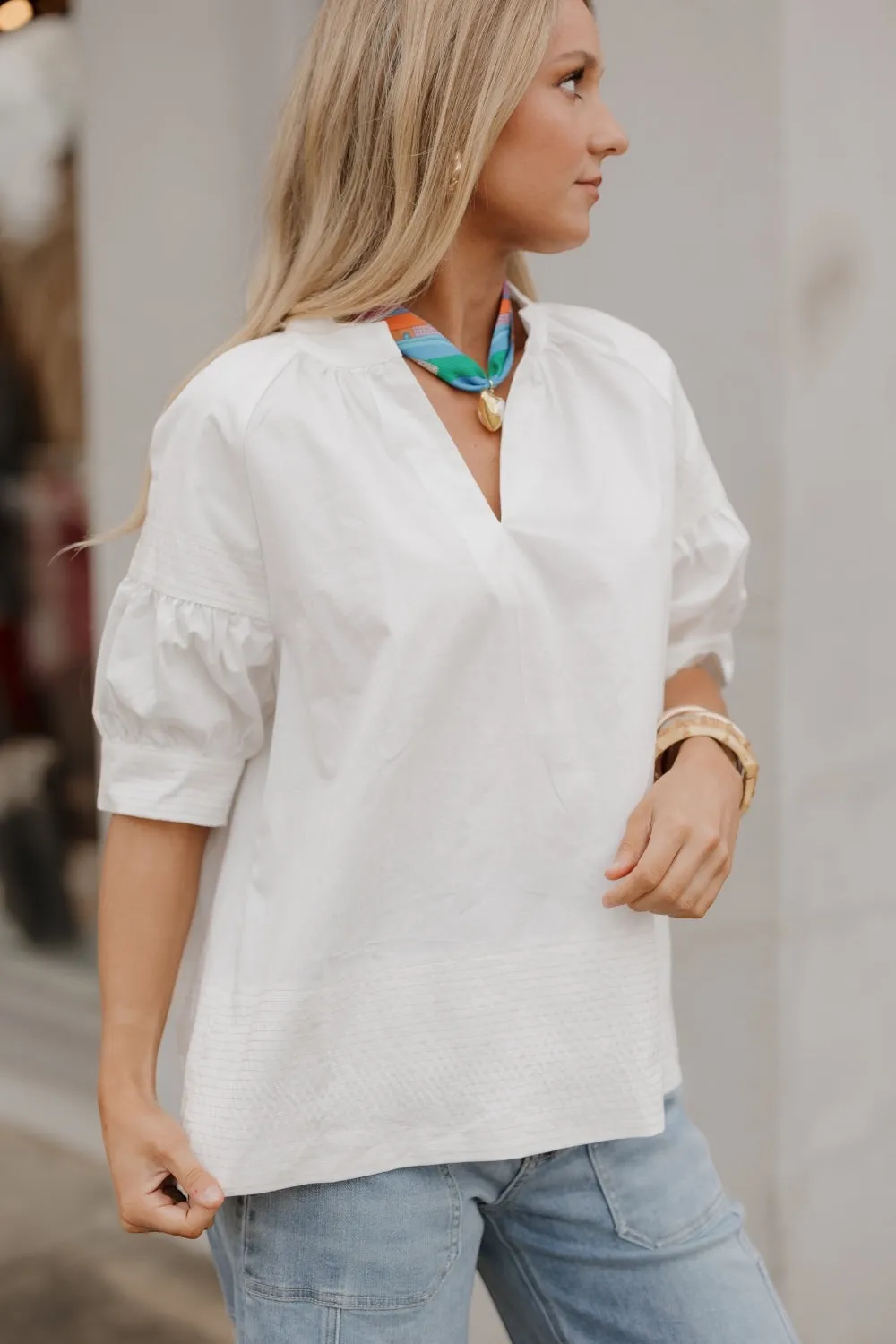 Stacey Contrast Stitch White Poplin Top