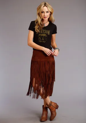 Stetson Womens Brown Leather Lamb Suede Fringe Skirt 14
