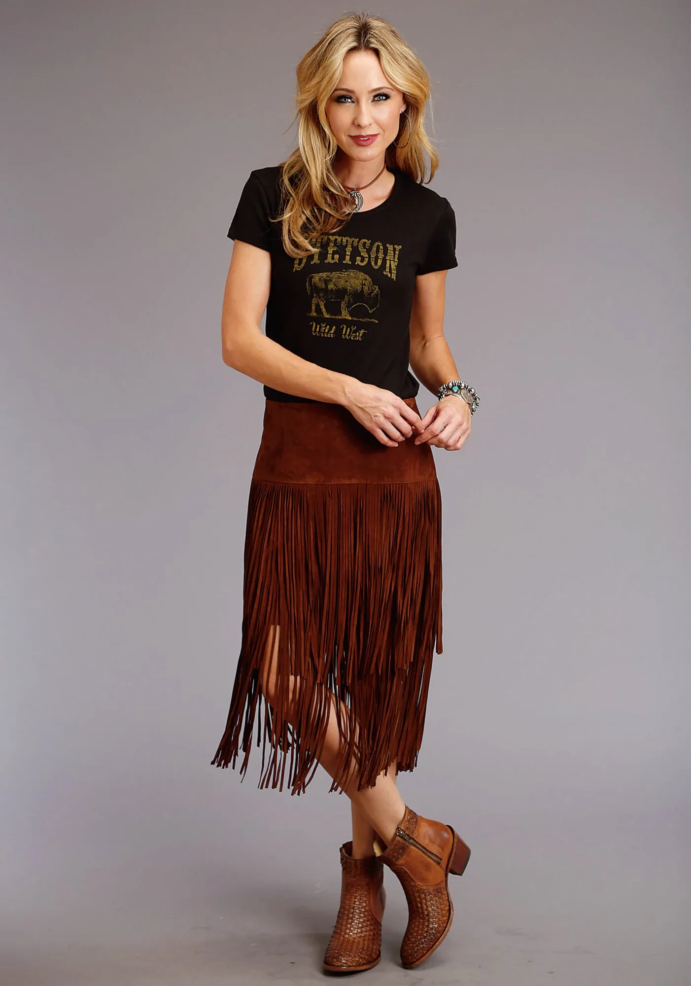 Stetson Womens Brown Leather Lamb Suede Fringe Skirt 14