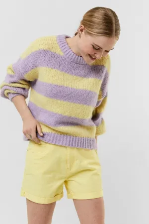 Striped O-neck Knit Jumper - Purple / Yellow