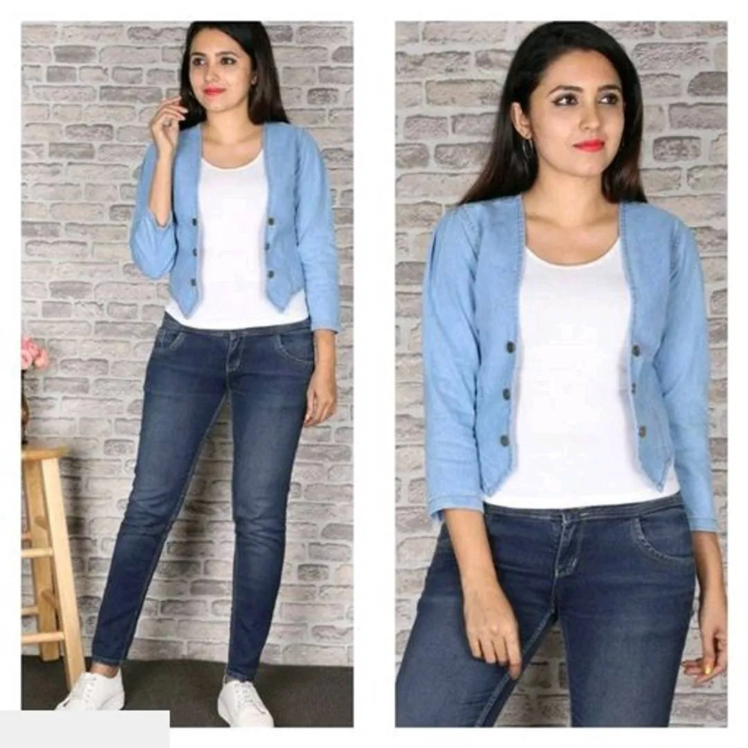 Stylish Denim Solid 3/4 Sleeves Shrug For Women