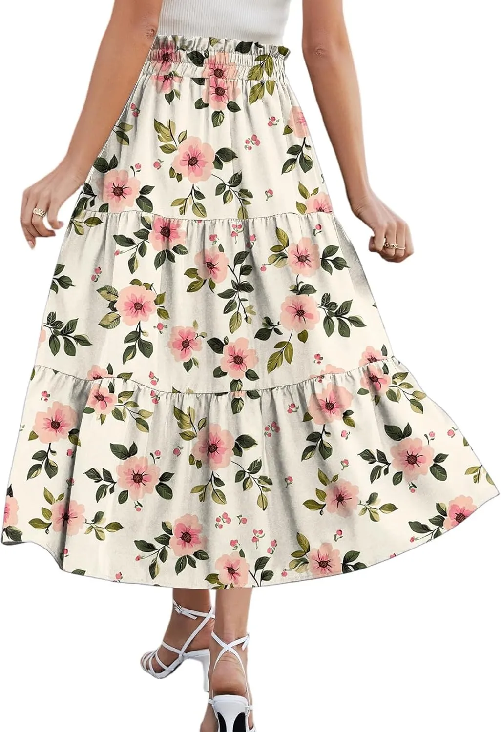 Stylish Summer Party Skirt Women Full Hems Comfy Baggy Floral Expandable Waist Skirts