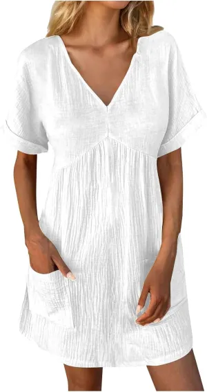 Summer Dresses for Women 2024 Trendy Casual V-Neck Short Sleeve Solid Sundress Loose Comfy Beach Dress with Pockets