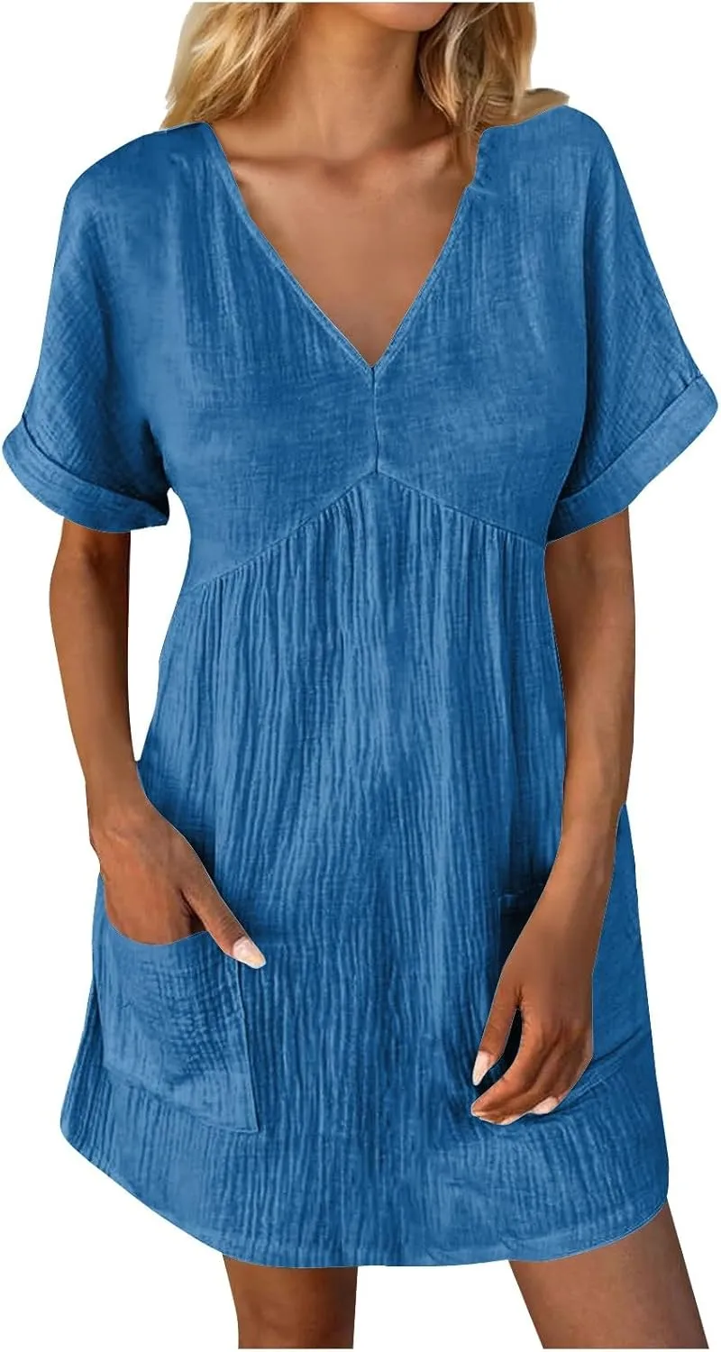 Summer Dresses for Women 2024 Trendy Casual V-Neck Short Sleeve Solid Sundress Loose Comfy Beach Dress with Pockets