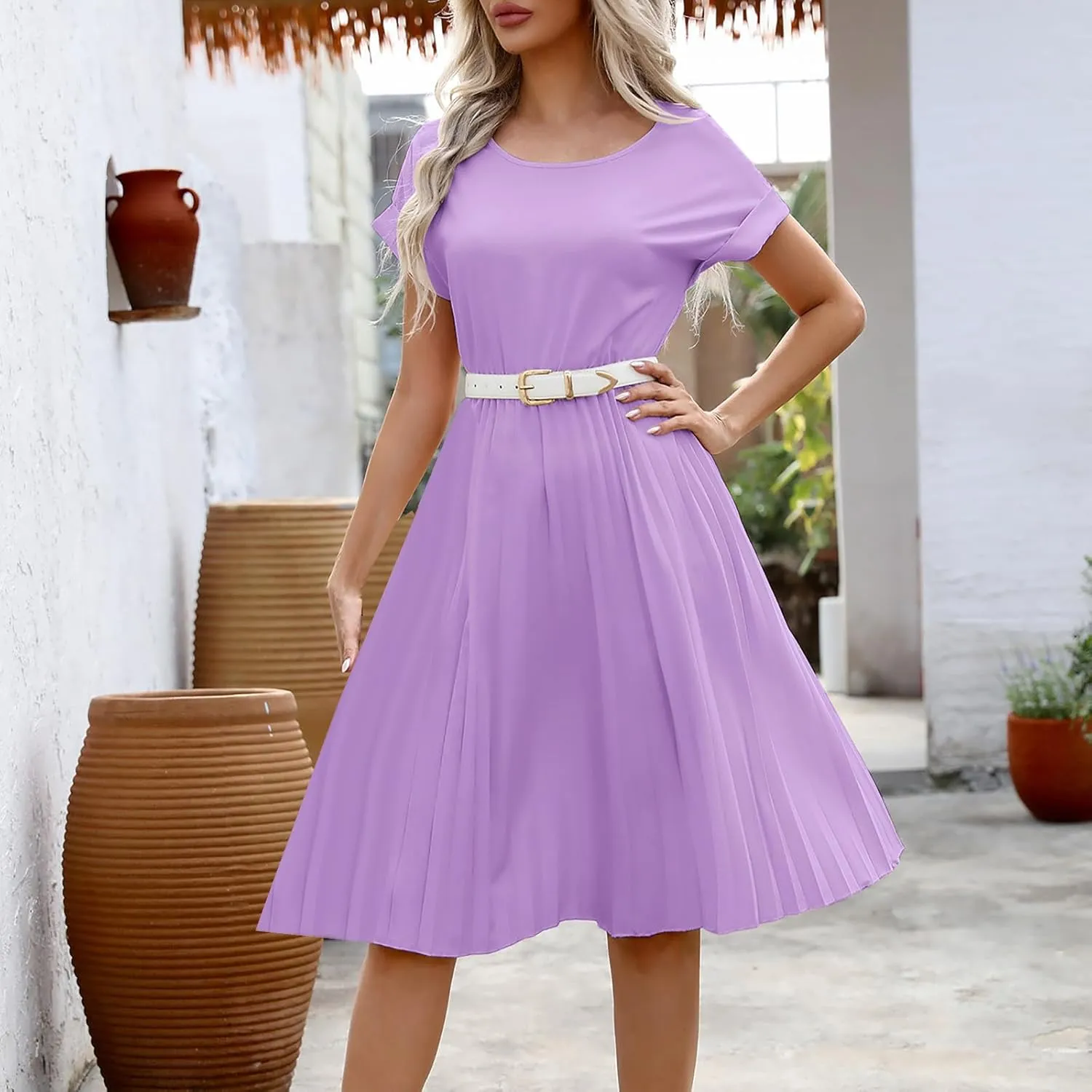 Summer Dresses for Women Dressy Elegant Short Sleeve Pleated Flowy Midi Dress Flowy Beach Party Long Sundress