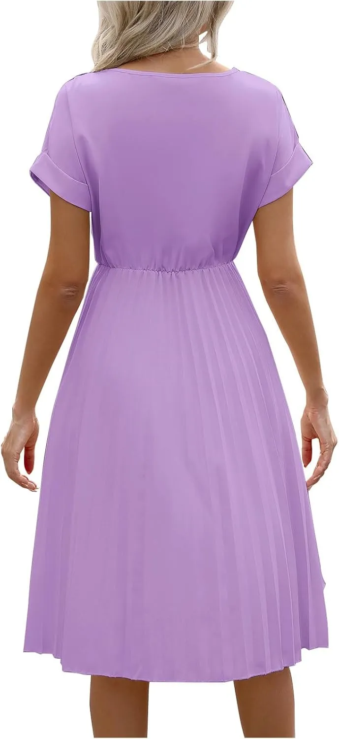 Summer Dresses for Women Dressy Elegant Short Sleeve Pleated Flowy Midi Dress Flowy Beach Party Long Sundress