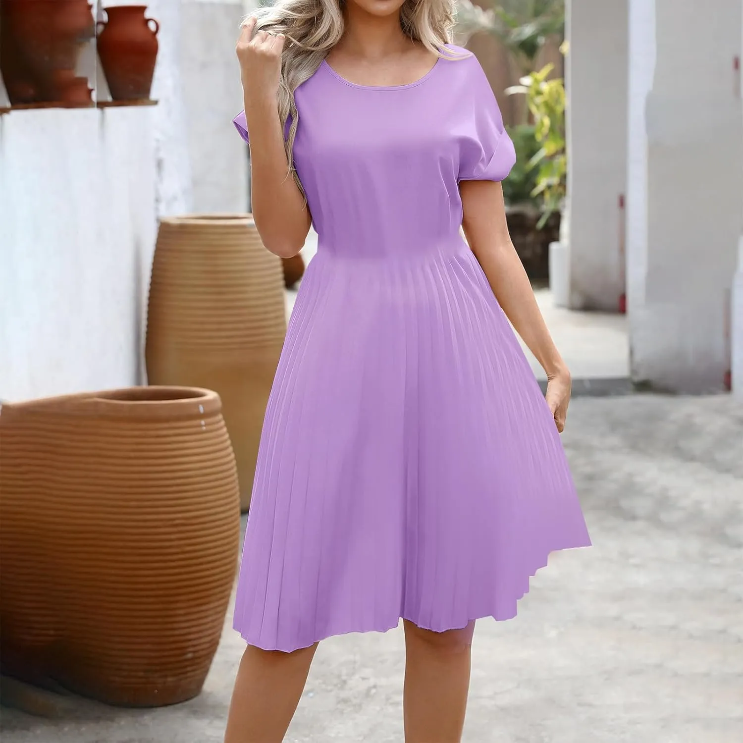 Summer Dresses for Women Dressy Elegant Short Sleeve Pleated Flowy Midi Dress Flowy Beach Party Long Sundress