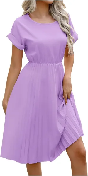 Summer Dresses for Women Dressy Elegant Short Sleeve Pleated Flowy Midi Dress Flowy Beach Party Long Sundress