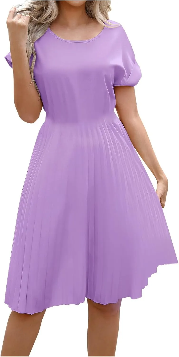 Summer Dresses for Women Dressy Elegant Short Sleeve Pleated Flowy Midi Dress Flowy Beach Party Long Sundress