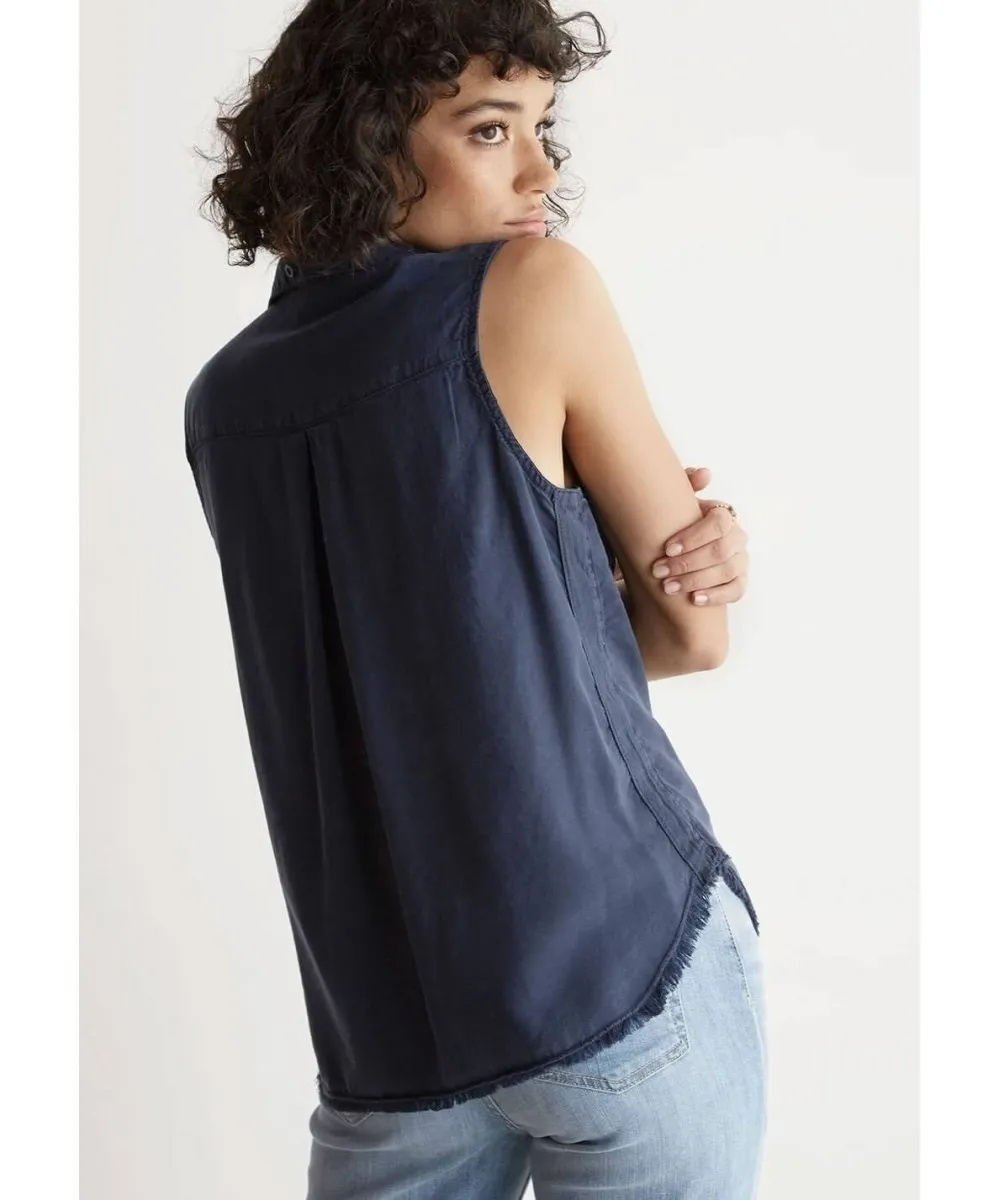 Trimmed Sleeveless Button Down Bermuda Navy