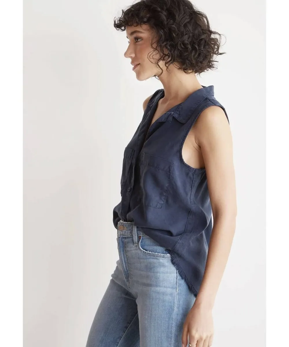 Trimmed Sleeveless Button Down Bermuda Navy