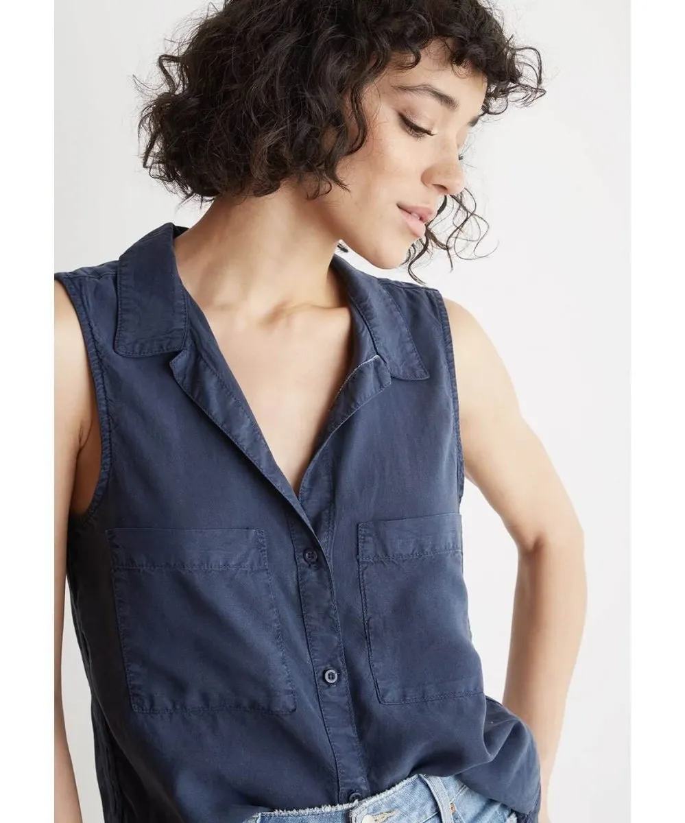 Trimmed Sleeveless Button Down Bermuda Navy