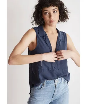 Trimmed Sleeveless Button Down Bermuda Navy