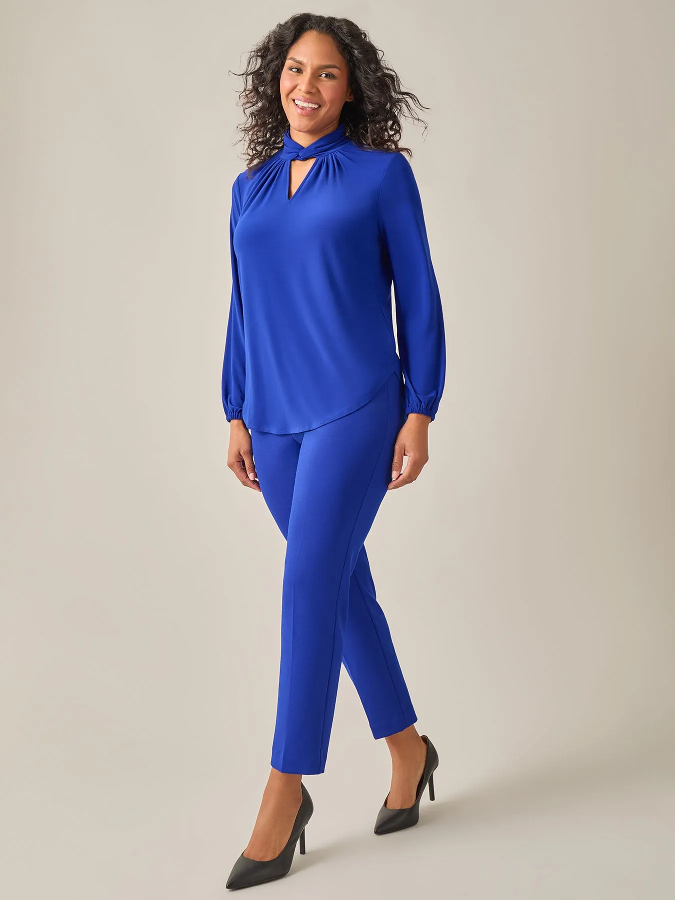 Twist Neck Knit Blouse, Royal Signature