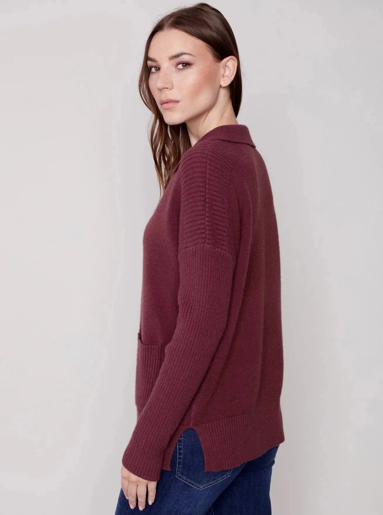 V Neck Long Sleeve Sweater [Port-C2547]