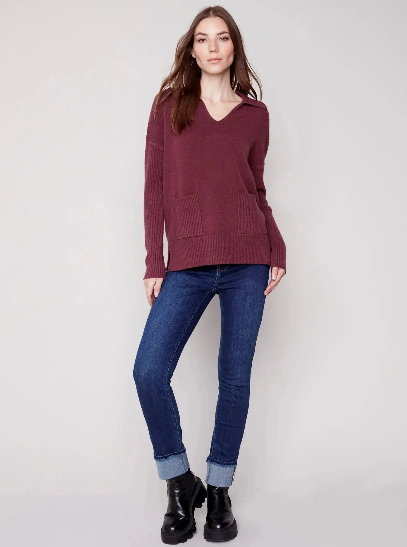 V Neck Long Sleeve Sweater [Port-C2547]