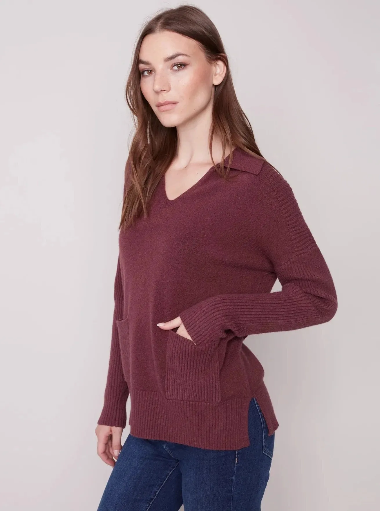 V Neck Long Sleeve Sweater [Port-C2547]