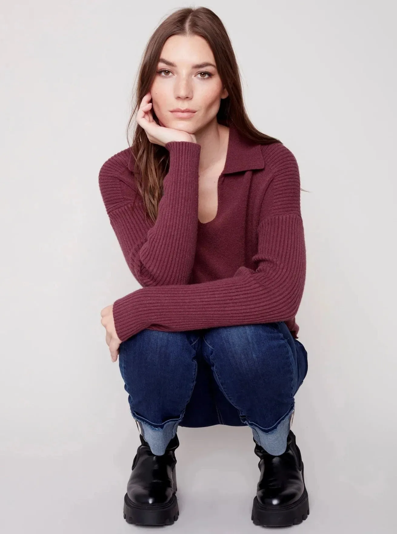 V Neck Long Sleeve Sweater [Port-C2547]