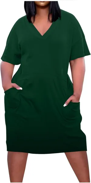 Women Oversized Shirt Dress V Neck Short Sleeve Midi Dresses Casual Summer Loose Plus Size Drees with Pockets