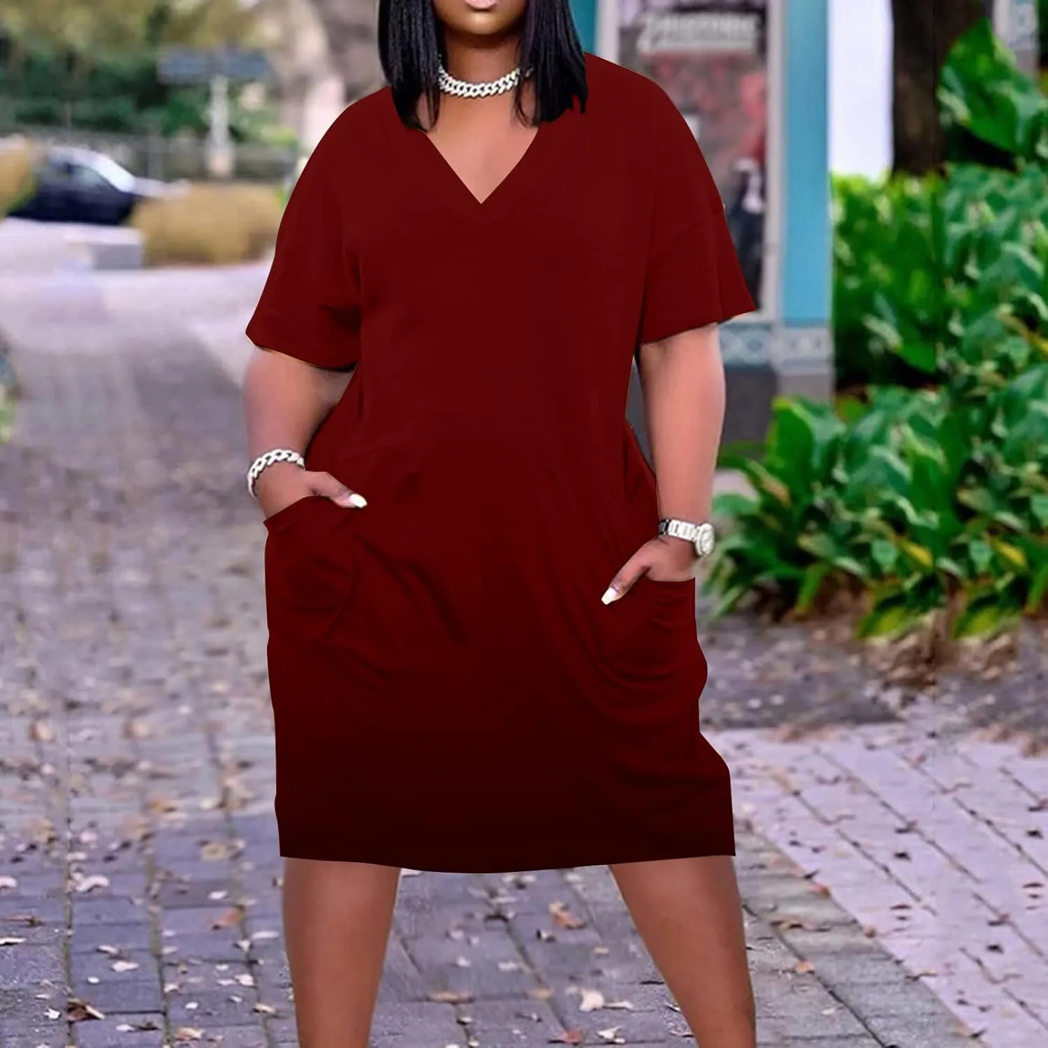 Women Oversized Shirt Dress V Neck Short Sleeve Midi Dresses Casual Summer Loose Plus Size Drees with Pockets