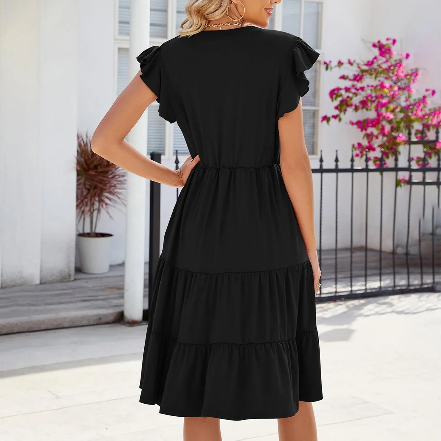 Women V Neck Summer Dresses Classy A-Line Ruffle Sundress Cap Sleeve Casual Midi Dress 2024 Vacation Sundresses