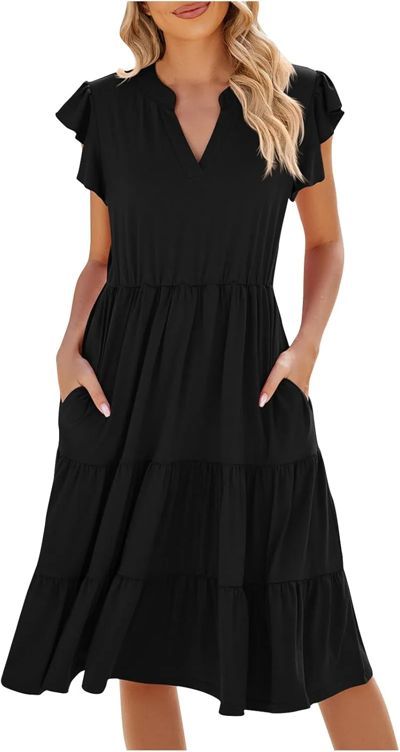 Women V Neck Summer Dresses Classy A-Line Ruffle Sundress Cap Sleeve Casual Midi Dress 2024 Vacation Sundresses